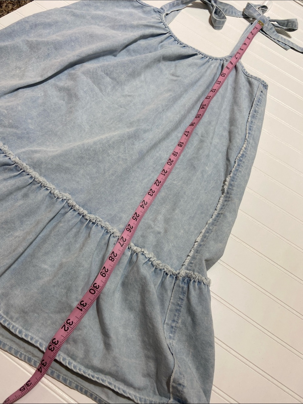 Cottagecore Light Denim Babydoll Mini Dress Size S Frayed Ruffle Hem Western - Picture 9 of 10